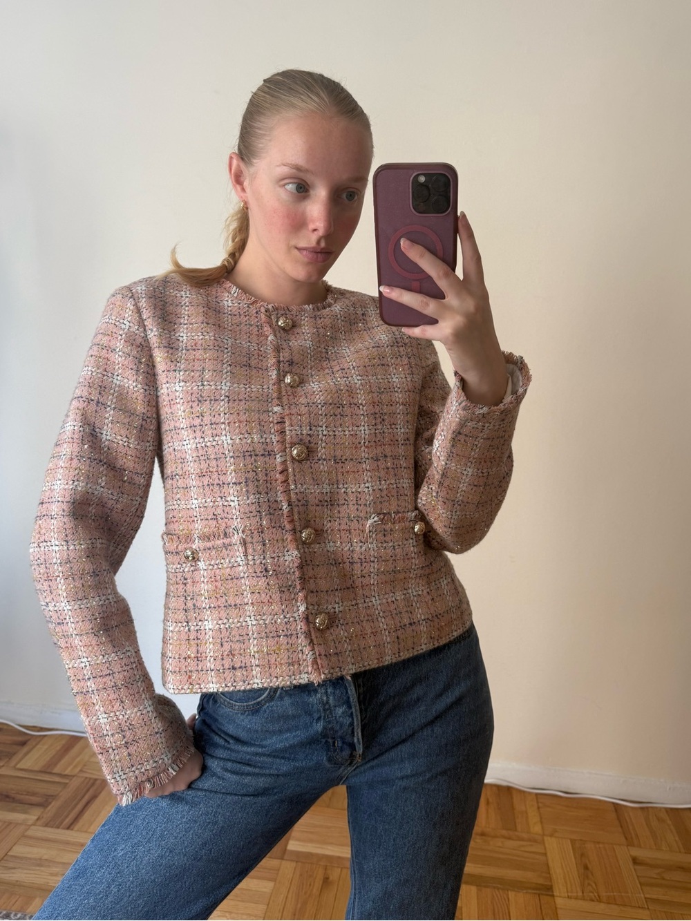 LOFT Pink Tweed Boxy Blazer with Gold Buttons